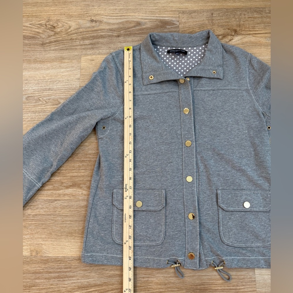 Jones New York Signature Gray Snap Front Utility Jacket Polka Dot Cuffs L - Picture 9 of 10